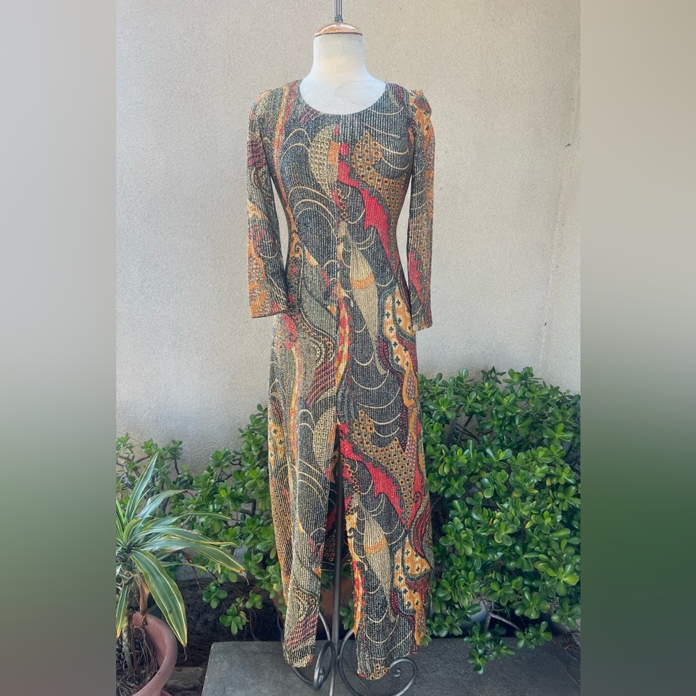 Vintage mod maxi dress metallic multicolor sheer Sz XS/S by The Corporation